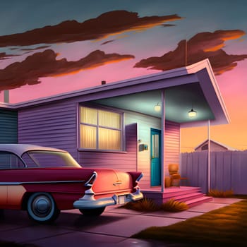 american dream concept - suburban house at evening with 60-s car near, neural network generated art. Digitally generated image. Not based on any actual person, scene or pattern.