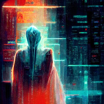 human figure cloaked with hood on abstract cyber background, neural network generated art. Digitally generated image. Not based on any actual person, scene or pattern.