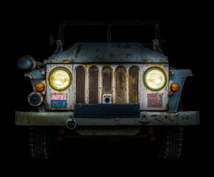 Vintage Truck With Headlamps (Headlights) On In The Darkness