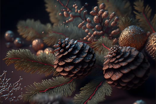 Christmas background with fir cones and spruce tree branch, neural network generated art. Digitally generated image. Not based on any actual person, scene or pattern.