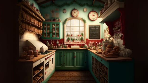 Brightly lit kitchen interior with Christmas Cookie Bakery, festive cottage in white, red and green colors, neural network generated art. Digitally generated image. Not based on any actual scene.