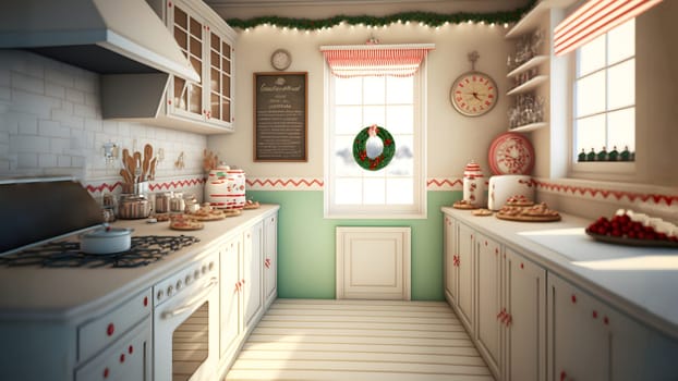 Brightly lit kitchen interior with Christmas Cookie Bakery in white, red and green colors, neural network generated art. Digitally generated image. Not based on any actual person, scene or pattern.