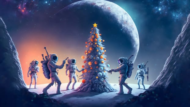 Cartoonish astronauts in white space suits around decorated Christmas tree on surface of the Moon, neural network generated art. Digitally generated image. Not based on any actual person, scene or pattern.