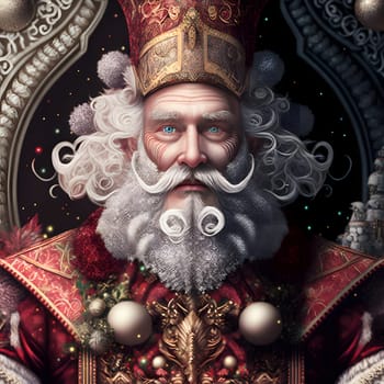 dramatic portrait of Santa Claus as stargazer, neural network generated art. Digitally generated image. Not based on any actual person, scene or pattern.