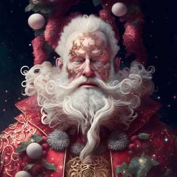 dramatic portrait of Santa Claus as stargazer, neural network generated art. Digitally generated image. Not based on any actual person, scene or pattern.