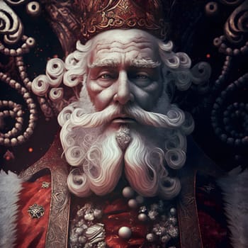 dramatic portrait of Santa Claus as stargazer, neural network generated art. Digitally generated image. Not based on any actual person, scene or pattern.