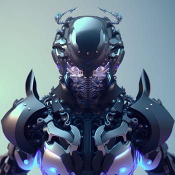 fantastic cyborg ninja in futuristic hight-tech armor, closeup portrait, neural network generated art. Digitally generated image. Not based on any actual person, scene or pattern.