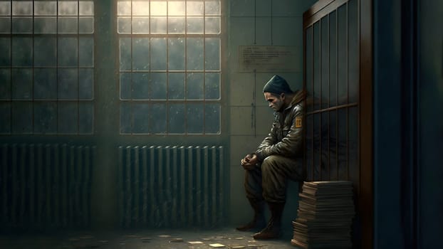 guard officer in stereotypical russian jail, neural network generated art. Digitally generated image. Not based on any actual person, scene or pattern.