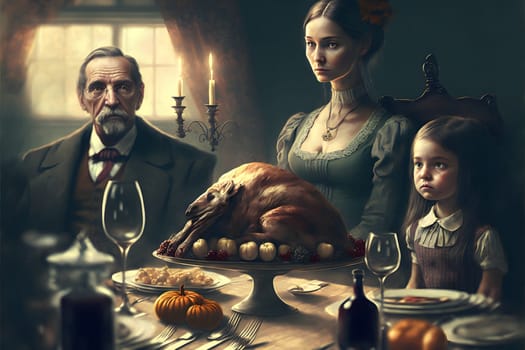 creepy family at thanksgiving table with served roasted turkey, neural network generated art. Digitally generated image. Not based on any actual person, scene or pattern.