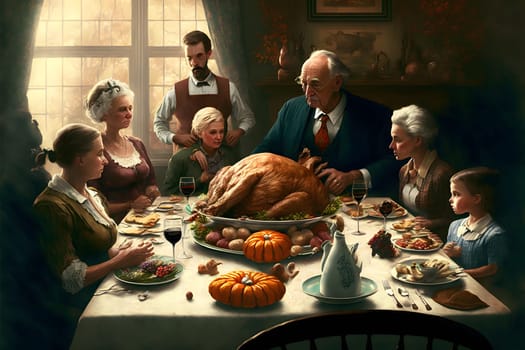 creepy family at thanksgiving table with served roasted turkey, neural network generated art. Digitally generated image. Not based on any actual person, scene or pattern.