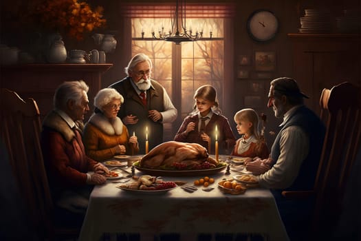 creepy family at thanksgiving table with served roasted turkey, neural network generated art. Digitally generated image. Not based on any actual person, scene or pattern.