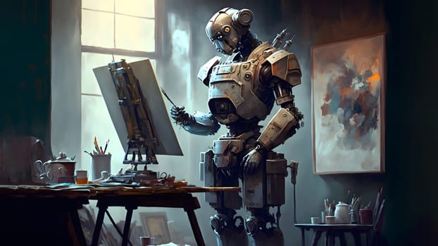 robot artist in the studio next to his easel, painting and paints while working, neural network generated art. Digitally generated image. Not based on any actual person, scene or pattern.