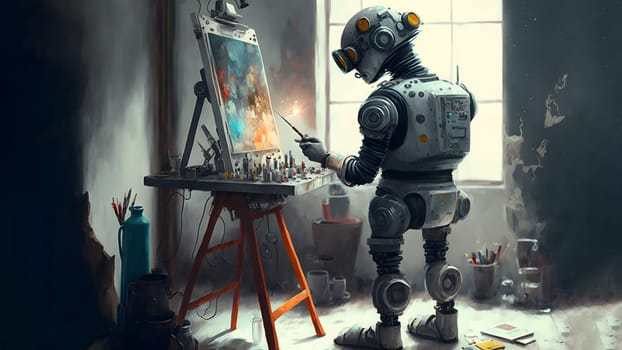 robot artist in the studio next to his easel, painting and paints while working, neural network generated art. Digitally generated image. Not based on any actual person, scene or pattern.