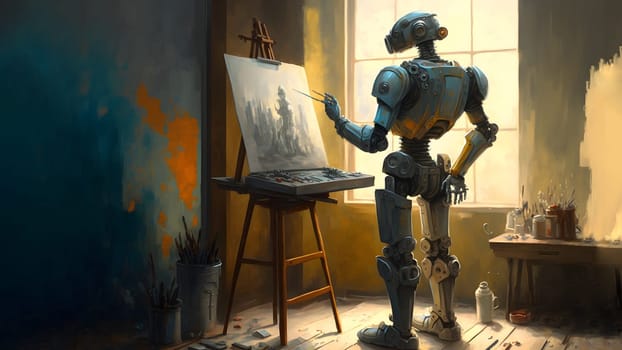 robot artist in the studio next to his easel, painting and paints while working, neural network generated art. Digitally generated image. Not based on any actual person, scene or pattern.