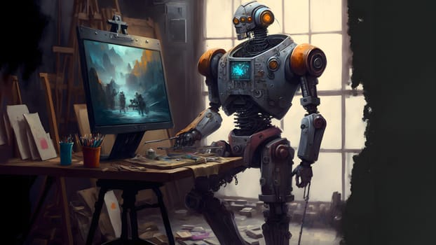 robot artist in the studio next to his easel, painting and paints while working, neural network generated art. Digitally generated image. Not based on any actual person, scene or pattern.