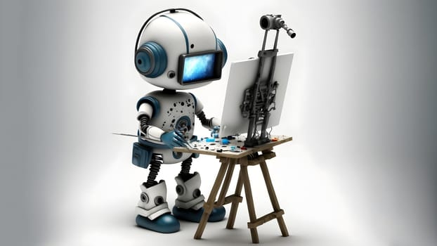 friendly robot artist in the studio next to his easel, painting and paints on white background, neural network generated art. Digitally generated image. Not based on any actual person, scene or pattern.