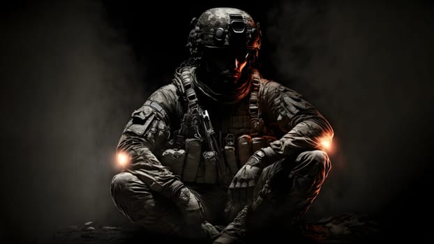 soldier in camouflaged uniform, helmet and gloves sitting on dark background with dramatic light, neural network generated art. Not based on any actual person, scene or pattern.