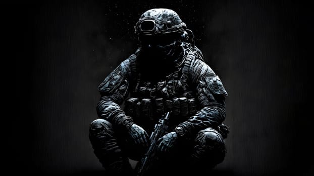 soldier in camouflaged uniform, helmet and gloves sitting on dark background with dramatic light, neural network generated art. Not based on any actual person, scene or pattern.