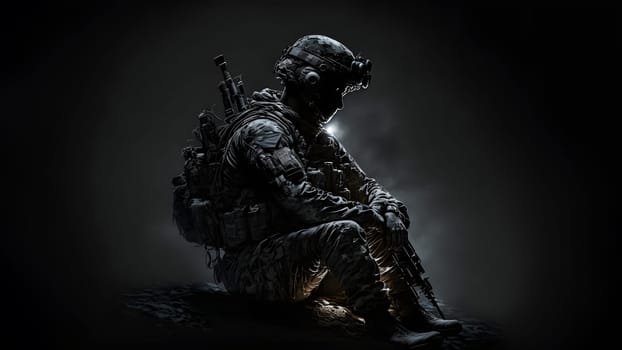 soldier in camouflaged uniform, helmet and gloves sitting on dark background with dramatic light, neural network generated art. Not based on any actual person, scene or pattern.