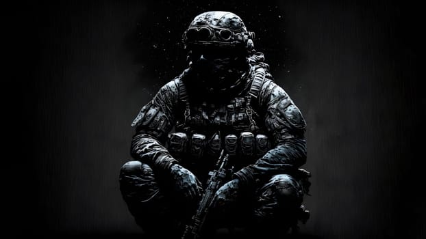 soldier in camouflaged uniform, helmet and gloves sitting on dark background with dramatic light, neural network generated art. Not based on any actual person, scene or pattern.