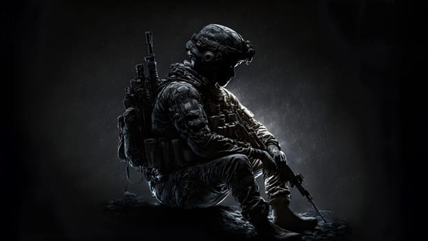 soldier in camouflaged uniform, helmet and gloves sitting on dark background with dramatic light, neural network generated art. Not based on any actual person, scene or pattern.