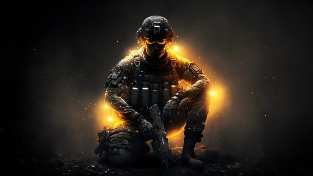 soldier in camouflaged uniform, helmet and gloves sitting on dark background with dramatic light, neural network generated art. Not based on any actual person, scene or pattern.