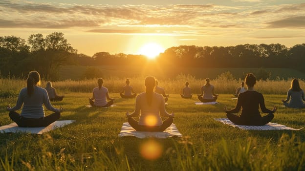 A serene yoga class at sunrise, participants in a tranquil outdoor setting, symbolizing peace and mindfulness. Resplendent.