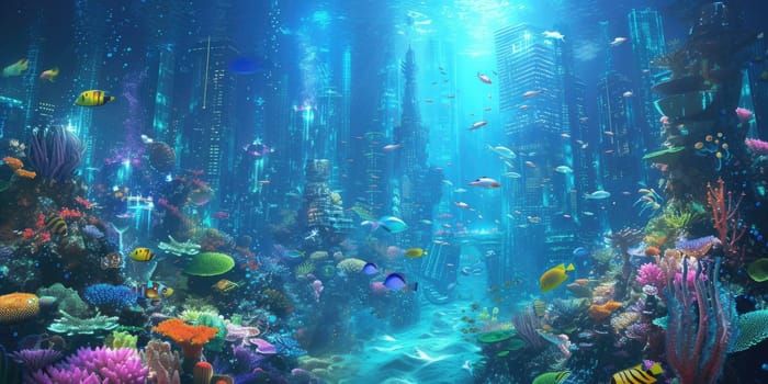 An underwater city with bioluminescent coral, schools of colorful fish, and ancient ruins, all illuminated by the eerie glow of an underwater volcano. Resplendent.