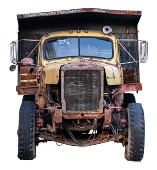 Front View Of A Rusty Old Damaged Dump Truck, Isolated On A White Background