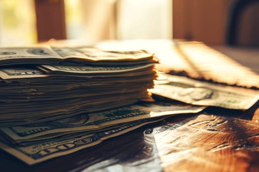 A stack of money is placed neatly on top of a wooden table, showcasing wealth and financial success.