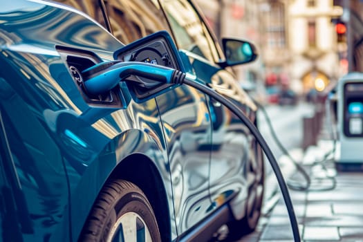 An electric car is being charged as it is connected to a charging station.