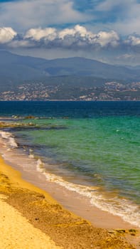 Ajaccio public beach, summer landscape of Corsica Island, France