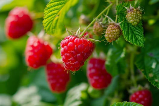 A flourishing raspberry bush showcasing an abundant cluster of ripe fruits hanging from its branches.
