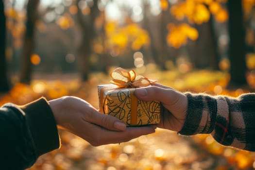 Two individuals standing in a forest, holding a gift that is neatly wrapped.