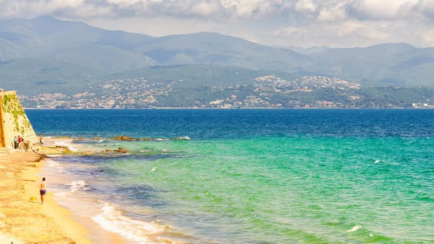 Ajaccio public beach, summer landscape of Corsica Island, France