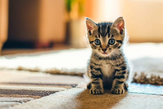 A cute little kitten is sitting on top of a soft rug, looking around with curious eyes.
