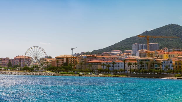 Ajaccio public beach, summer landscape of Corsica Island, France