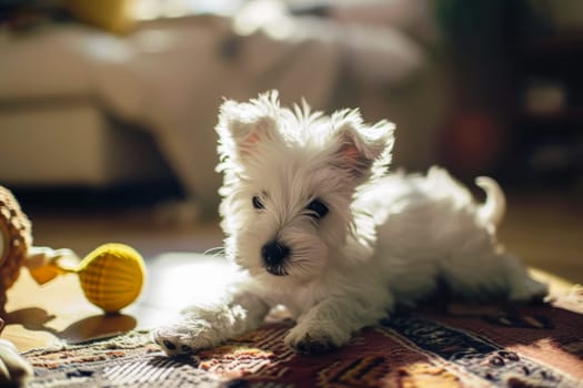 A small white dog relaxing on a cozy rug.