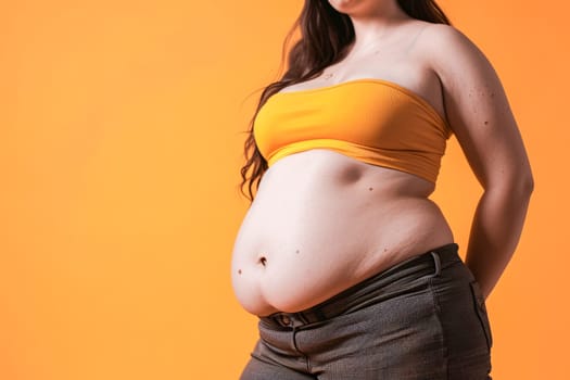 Overweight woman wearing an orange top poses f against orange background. Body positive concept
