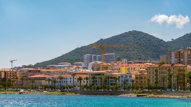 Ajaccio public beach, summer landscape of Corsica Island, France