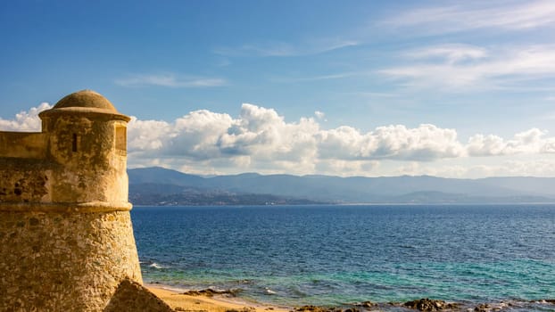 La Citadelle in Ajaccio, Old stone fortress and sandy beach in Corsica, France