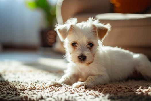 A small white dog relaxing on a cozy rug.