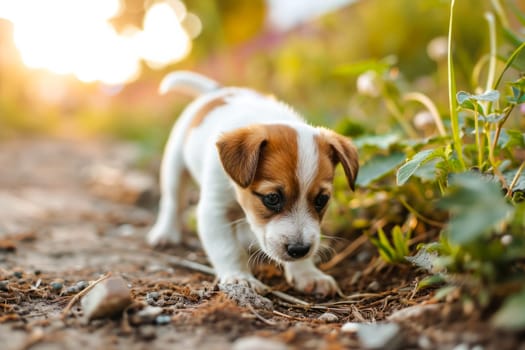 A young puppy takes confident steps as it walks along a dirt road under the sunlit sky.