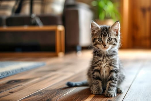 A small kitten with brown and white fur sits calmly on a wooden floor, inquisitively observing its surroundings.