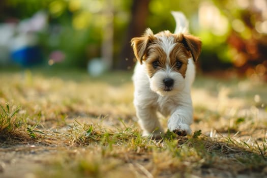 A small brown and white dog is seen walking across a field covered in green grass.