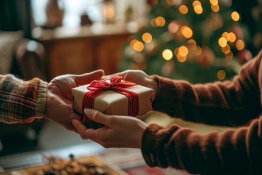 Two individuals engaging in a gift exchange while standing before a festively decorated Christmas tree.