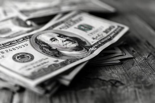 A large stack of money arranged neatly on top of a sturdy wooden table.