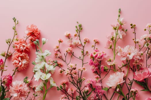 A vibrant assortment of flowers displayed on a pink background, showcasing the beauty of natures colors.