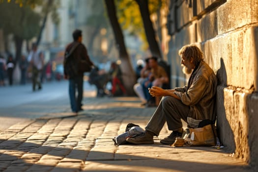 Poor man asks for alms sitting in the street near the building.