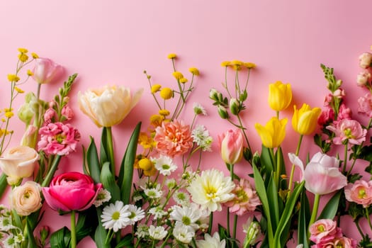 A vibrant assortment of flowers arranged in a bouquet, set against a pink background.